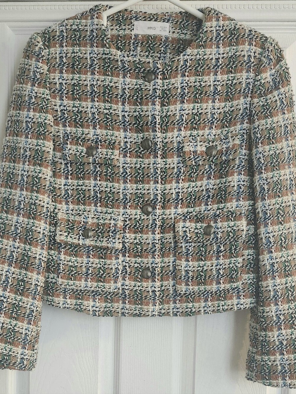 Mango Multicolor Tweed Boxy Blazer in Green, Brown, Blue & Cream